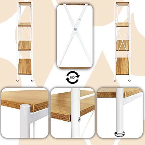 JRAO 4-poziomowa półka, półka, plus wąskie półki do przechowywania, organizery, półki, wolnostojące, metalowe półki, regał drabinkowy, regał na książki, nowoczesny regał do kuchni, łazienki, sypialni, przedpokoju, biała stal + drewno - obrazek 3