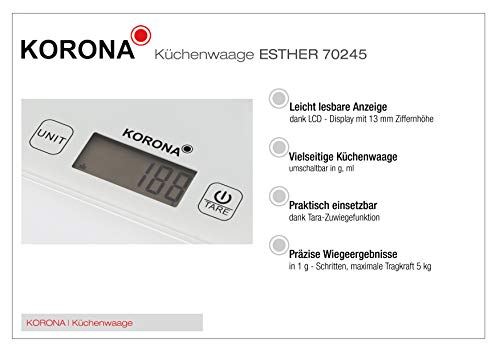 Korona 70245 Esther biała – cyfrowa waga kuchenna, elektroniczna, tara, udźwig 5 kg, podziałka 1 g, automatyczne wyłączanie, wskaźnik przeciążenia - obrazek 2
