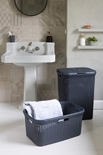 CURVER Skrzynka na pranie w stylu 60L - Brudna taca na bieliznę z pokrywką - Teksturowany wygląd rattanu, Dobra wentylacja - ergonomiczne uchwyty - do łazienki lub pralni - 45 x 34 x 62 cm - antracyt - obrazek 6