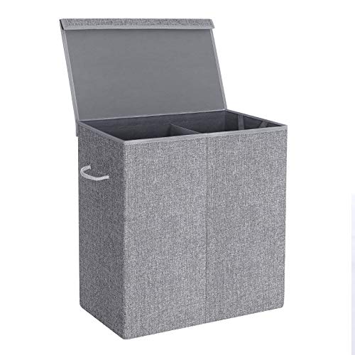 SONGMICS Kosz na pranie 142 L, kosz na pranie z lnu, sortownik prania, skrzynia na pranie z oddzielnymi przegródkami, magnetyczna pokrywa i uchwyty, składany, wyjmowana torba na pranie, szary LCB02G - obrazek 2
