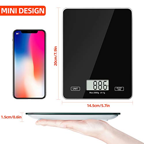 Meromore Cyfrowa waga kuchenna z platformą ze szkła hartowanego, elektroniczna waga kuchenna do domu i kuchni, 5 kg (czarna) - obrazek 2