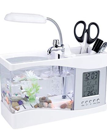 Mini Aquarium USB Akumulator wielofunkcyjny z zegarem LED Light Pen Pojemnik na dekoracje do domowego biura (biały)
