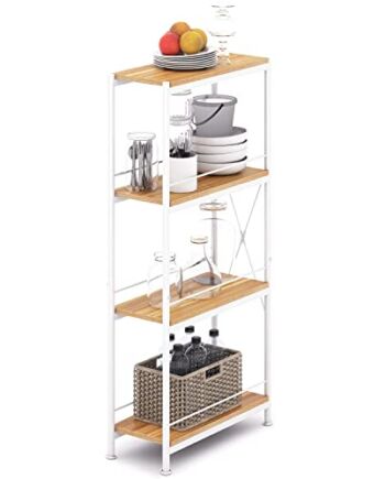 JRAO 4-poziomowa półka, półka, plus wąskie półki do przechowywania, organizery, półki, wolnostojące, metalowe półki, regał drabinkowy, regał na książki, nowoczesny regał do kuchni, łazienki, sypialni, przedpokoju, biała stal + drewno