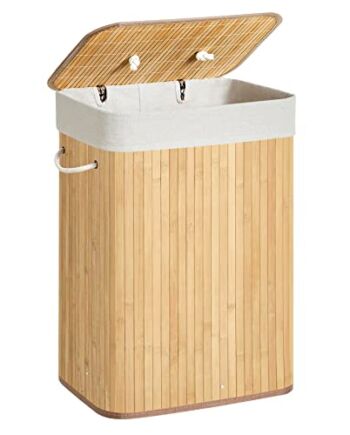 SONGMICS Bambusowy kosz na pranie, składany pojemnik na pranie z pokrywą i zdejmowanym bawełnianym workiem na pranie, 72 L pojemnik na pranie, skrzynia na pranie, 40 x 30 x 60 cm, Naturalny LCB10Y