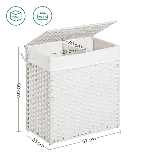 SONGMICS Kosz na pranie ręcznie pleciony, kosz na pranie z syntetycznego rattanu, z pokrywą i uchwytami, do sortowania prania, składany, wyjmowany worek na pranie, kolor biały, 110 l, LCB52WT - obrazek 5
