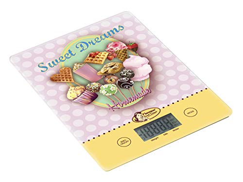 Bestron cyfrowa waga kuchenna z wyświetlaczem LCD, styl retro, Sweet Dreams, udźwig 5 kg, precyzja na 1 g, szkło, różowa