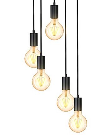 B.K.Licht Lampa sufitowa w stylu vintage, 5 gniazd E27, różne wysokości, wisząca lampa abażur w kolorze matowym czarnym metalu, retro lampa sufitowa pasuje do jadalni, Ø 20 cm, całkowita wysokość 120 cm