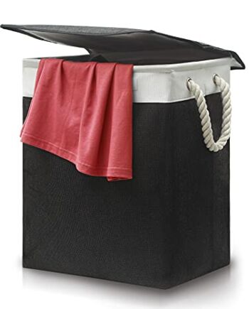 Kosz na pranie z pokrywką, czarny, z uchwytami do noszenia, składany, 60 l