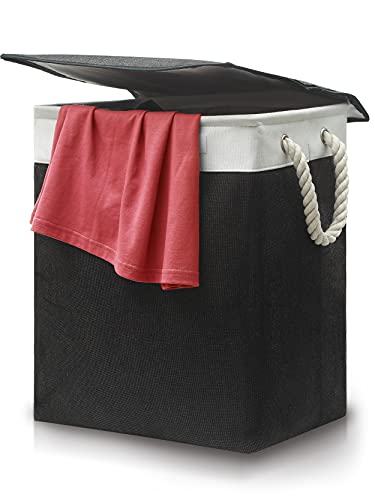 Kosz na pranie z pokrywką, czarny, z uchwytami do noszenia, składany, 60 l