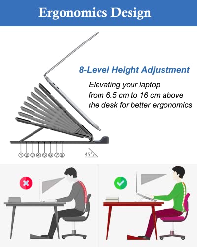 FINIBO Stojak na laptopa, 8-stopniowa regulacja wysokości, składany aluminiowy uchwyt na laptopa, przenośny stojak na notebooka, kompatybilny z MacBook Pro Air, Dell, HP i tabletami 10-15,6" (czarny) - obrazek 6