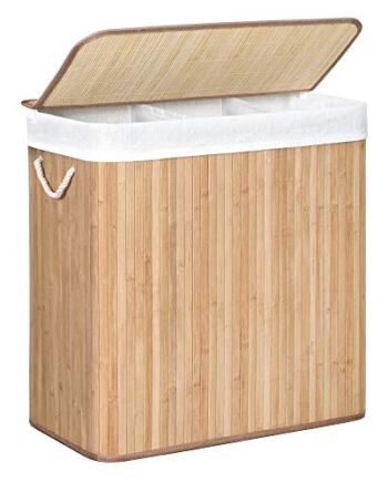 SONGMICS kosz na pranie z bambusa, kosz na pranie z uchwytami, 3 przegródki, pokrywka z klipsami, 150 l, składany, do pralni, sypialni, łazienki, kolor naruralny, LCB091N01