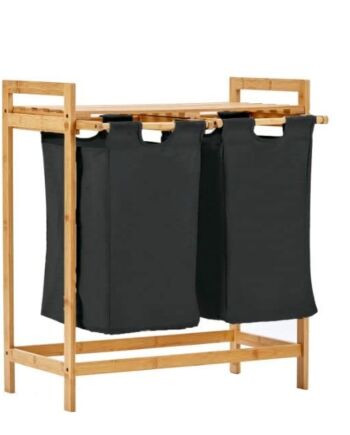 Organize Kosz na bieliznę z bambusa - 2 przegródki 30 l z tkaniny - Kosz łazienkowy - Pojemnik do przechowywania pralni - 64x33x73cm - Czarny