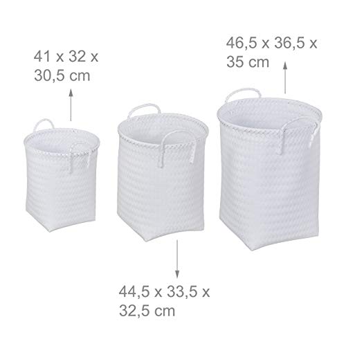 Relaxdays Kosz na pranie, pleciony, zestaw 3 koszy do przechowywania, 3 rozmiary, kosz na zabawki z uchwytem, tworzywo sztuczne, biały - obrazek 5