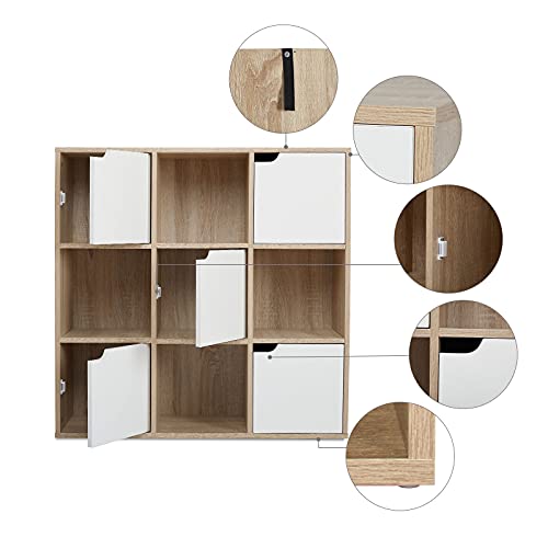 Meerveil Szafka na książki, regał do przechowywania, 9 półek z 5 drzwiami, nowoczesny styl, nadaje się do biura, gabinetu, salonu, korytarza i innych pomieszczeń, kolory dębu - obrazek 7