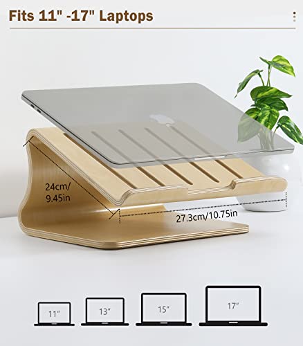 MoKo Wooden Laptop Stand Compatible with MacBook Air/Pro 13/Pro 15/iPad Pro 12.9/Dell XPS/Surface/Chromobook 11-17 inch, Ergonomic Cooling Computer Holder Wood Notebook Desktop Stand, Brich - obrazek 2