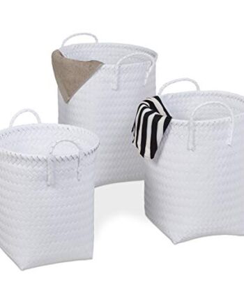 Relaxdays Kosz na pranie, pleciony, zestaw 3 koszy do przechowywania, 3 rozmiary, kosz na zabawki z uchwytem, tworzywo sztuczne, biały