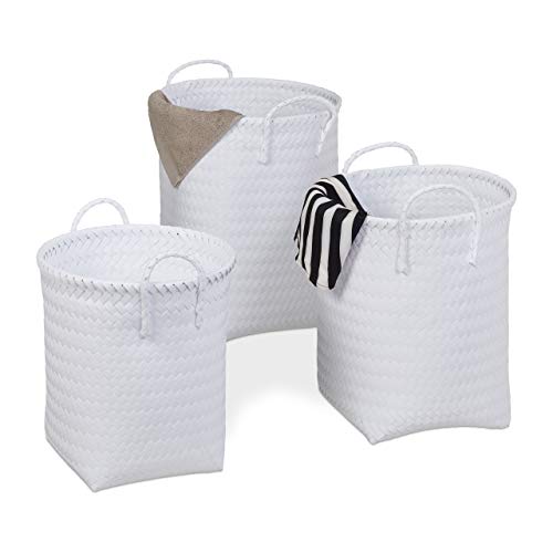 Relaxdays Kosz na pranie, pleciony, zestaw 3 koszy do przechowywania, 3 rozmiary, kosz na zabawki z uchwytem, tworzywo sztuczne, biały