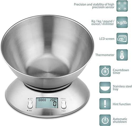 Uten Waga kuchenna, profesjonalna, elektroniczna, waga kuchenna, 5 kg x 1 g, ze stali nierdzewnej 304, funkcja tarowania z wyświetlaczem LCD, miska i timerem - obrazek 7