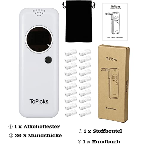 ToPicks Alkomat alkoholowy i przenośny tester oddechowy z cyfrowym ekranem LCD i szybkimi, wyniki zawartości alkoholu o wysokiej dokładności z 20 szt. jednorazowych ustników/biały - obrazek 2