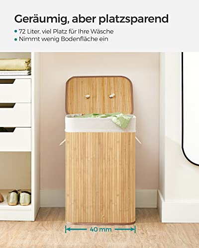 SONGMICS Bambusowy kosz na pranie, składany pojemnik na pranie z pokrywą i zdejmowanym bawełnianym workiem na pranie, 72 L pojemnik na pranie, skrzynia na pranie, 40 x 30 x 60 cm, Naturalny LCB10Y - obrazek 2