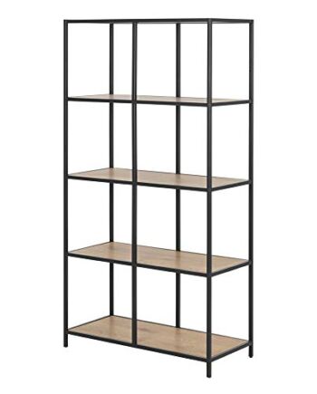 Selsey Krapina – regał stojący – czarny, kolor dębu, otwarte półki, metalowy stelaż, wzór przemysłowy (5 półek, 150 cm wysokości)