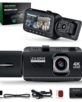 Leia-Sophie Mini kamera na deskę rozdzielczą 4K – soczewka UHD o wysokiej rozdzielczości, zasilana akumulatorem, noktowizor na podczerwień, wyświetlacz IPS, 3,2 cala, odporna na wysokie i niskie temperatury, kabel USB do ładowania samochodowego, niemiecki sprzedawca