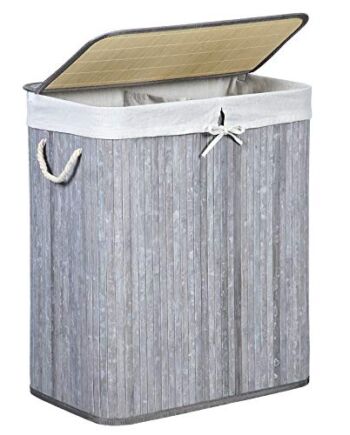 SONGMICS Bambusowy kosz na pranie 100 l, kosz na pranie z 2 przegródkami, kosz do sortowania prania z pokrywą i wyjmowanym workiem na pranie, uchwyty z bawełny, retro szary LCB74GW