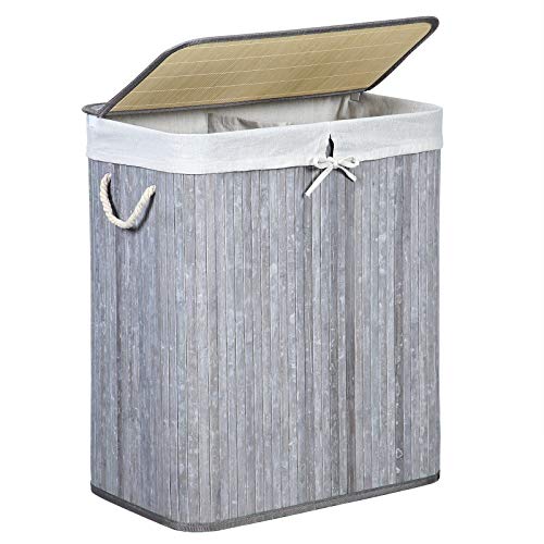 SONGMICS Bambusowy kosz na pranie 100 l, kosz na pranie z 2 przegródkami, kosz do sortowania prania z pokrywą i wyjmowanym workiem na pranie, uchwyty z bawełny, retro szary LCB74GW