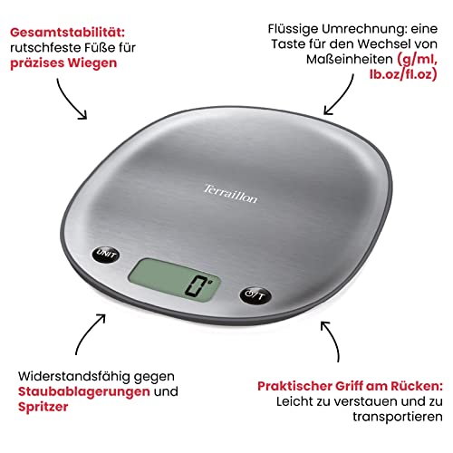Terraillon 14505 waga kuchenna, funkcja „tara”, wskaźnik cieczy, wycięcie na uchwycie, do 5 kg, macaron, stal nierdzewna, lukrecja, czarna - obrazek 6