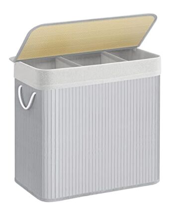 SONGMICS Kosz na pranie z pokrywą, zbieracz prania 3 komory, sorter prania, 150 litrów, pojemnik na pranie z uchwytami, pokrywa z klipsami, składany, do pralni, sypialni, łazienki, szary LCB091G01