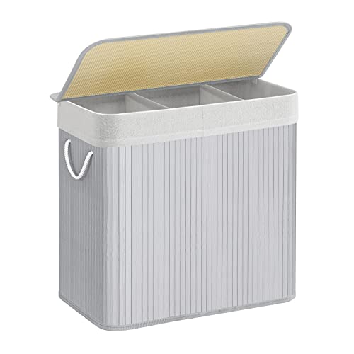 SONGMICS Kosz na pranie z pokrywą, zbieracz prania 3 komory, sorter prania, 150 litrów, pojemnik na pranie z uchwytami, pokrywa z klipsami, składany, do pralni, sypialni, łazienki, szary LCB091G01