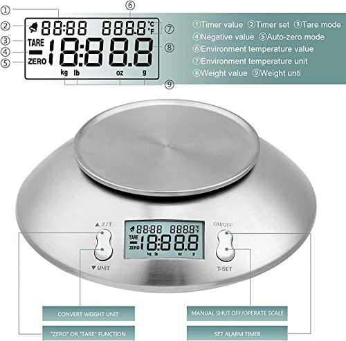 Uten Waga kuchenna, profesjonalna, elektroniczna, waga kuchenna, 5 kg x 1 g, ze stali nierdzewnej 304, funkcja tarowania z wyświetlaczem LCD, miska i timerem - obrazek 6