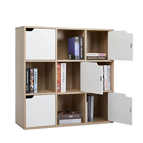 Meerveil Szafka na książki, regał do przechowywania, 9 półek z 5 drzwiami, nowoczesny styl, nadaje się do biura, gabinetu, salonu, korytarza i innych pomieszczeń, kolory dębu - obrazek 8
