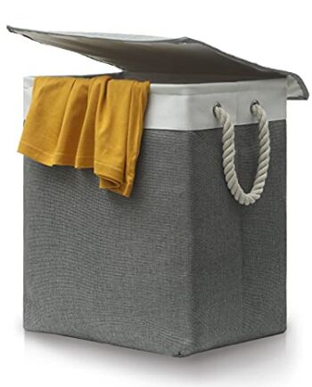 Kosz na pranie z pokrywką, szary, zajmuje mało miejsca, składany, z uchwytami do noszenia, 60 l