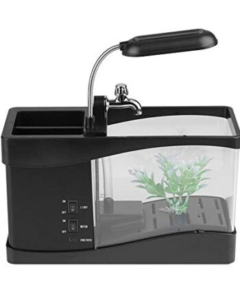 Mini akwarium, wielofunkcyjny akumulator USB na biurko Fry Fish Aquatic Water Tank z funkcją zegara LED Light(czarny)