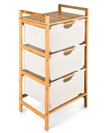 HEIMWERT Kosz na pranie, regał z 3 przegródkami, stabilny kosz do sortowania prania z drewna bambusowego, 44 x 34,5 x 96 cm, do łazienki i sypialni, organizer na pranie z tekstylnym koszem (naturalna biel)