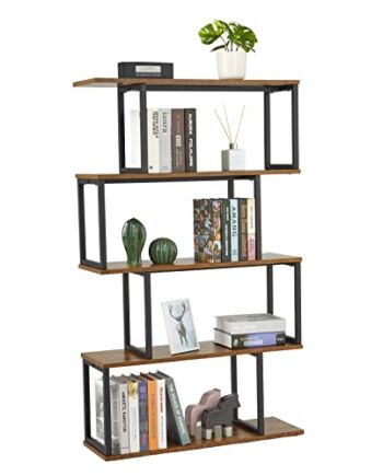 Meerveil Regał na książki, regał stojący z 4 poziomami, drewniany regał w kształcie litery S, wzornictwo przemysłowe, 74 x 24 x 128 cm, brązowy H1070LS04RT