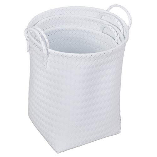Relaxdays Kosz na pranie, pleciony, zestaw 3 koszy do przechowywania, 3 rozmiary, kosz na zabawki z uchwytem, tworzywo sztuczne, biały - obrazek 3