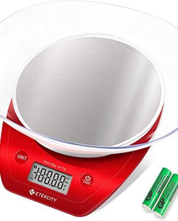 ETEKCITY waga kuchenna cyfrowa, elektroniczna waga z wyjmowaną miską, 5 kg / 11 lb, waga kuchenna ze stali nierdzewnej, precyzyjna waga do 1 g, z dużym wyświetlaczem LCD i funkcją tary, czerwona