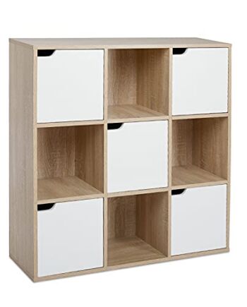 Meerveil Szafka na książki, regał do przechowywania, 9 półek z 5 drzwiami, nowoczesny styl, nadaje się do biura, gabinetu, salonu, korytarza i innych pomieszczeń, kolory dębu