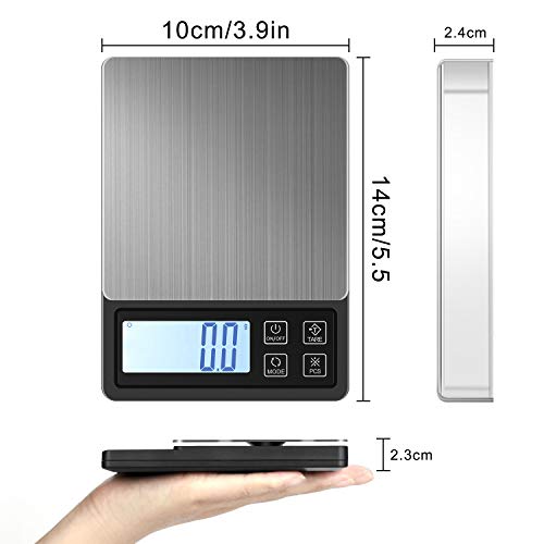 MOSUO Cyfrowa waga kieszonkowa z ładowaniem przez USB, waga kuchenna 3000 g/0,1 g, waga kuchenna z tacą, waga spożywcza ze stali nierdzewnej z podświetleniem wyświetlacza LCD, funkcja tary i szt - obrazek 5