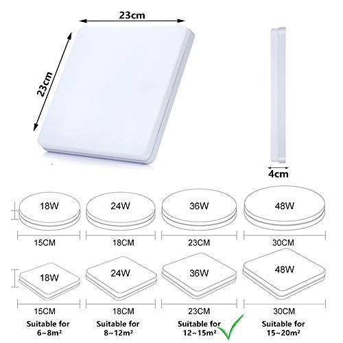 Yafido Lampa sufitowa 36 W LED lampy sufitowe światło dzienne białe Ø 23 cm wewnętrzna kwadratowa lampa sufitowa do sypialni kuchni przedpokoju biura jadalni - obrazek 7