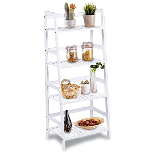 Bakaji Regał Regał 4 Półki Drewniane Bambusowe Nowoczesne Projektowanie dla Salonu Salon Domu Biurowego Rozmiar 116 x 48 x 32 cm Kolor Biały Bamboo