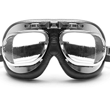 BERTONI Gogle motocyklowe, ochronne w stylu vintage, z chromowaną ramą stalową – okulary lotnicze ze skóry do Harley Davidson i Chopper – soczewki zapobiegające zaparowaniu – AF191CR (czarne)