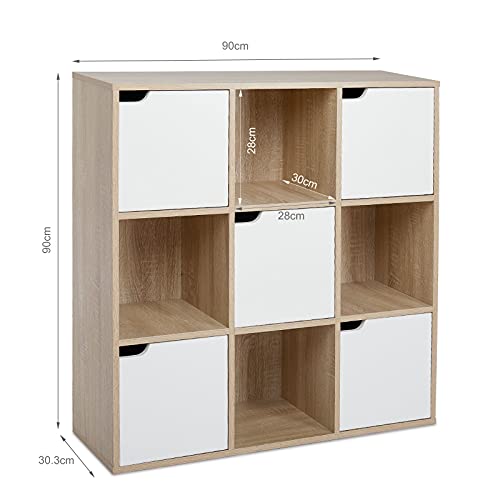 Meerveil Szafka na książki, regał do przechowywania, 9 półek z 5 drzwiami, nowoczesny styl, nadaje się do biura, gabinetu, salonu, korytarza i innych pomieszczeń, kolory dębu - obrazek 6