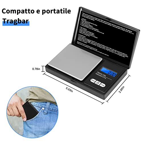 Vinabo waga kuchenna 500 g / 0,01g, przenośna waga na biżuterię, cyfrowa waga precyzyjna, z wyświetlaczem LCD i 7 sztuk, funkcja tarowania, do kuchni, kawy, lekarstw, biżuteria, czarna - obrazek 2