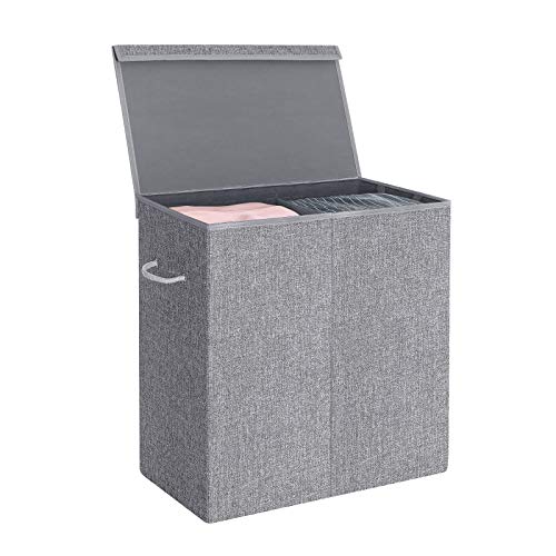 SONGMICS Kosz na pranie 142 L, kosz na pranie z lnu, sortownik prania, skrzynia na pranie z oddzielnymi przegródkami, magnetyczna pokrywa i uchwyty, składany, wyjmowana torba na pranie, szary LCB02G - obrazek 3