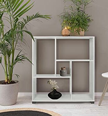 Dmora Biblioteka Z Pięcioma Otwartymi Przedziałami Z Efektem Geometrycznym, Wyprodukowano we Włoszech, Cm 80 x 24 X H83, Kolor Dębu bielonego