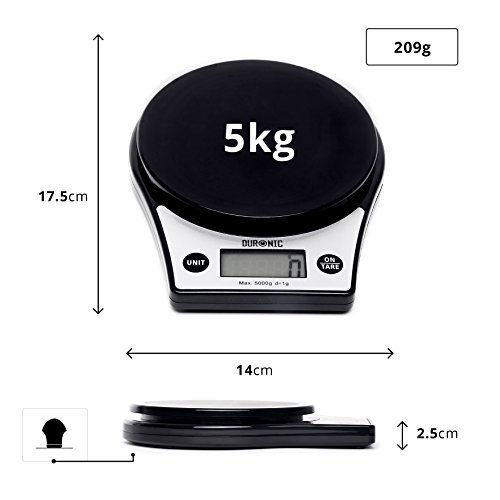 Duronic KS6000 BK Cyfrowa waga kuchenna do 5 kg czarna z plastikową misą o pojemności 2 l | duży cyfrowy wyświetlacz | baterie w zestawie | zmiana jednostek dla zagranicznych przepisów - obrazek 6