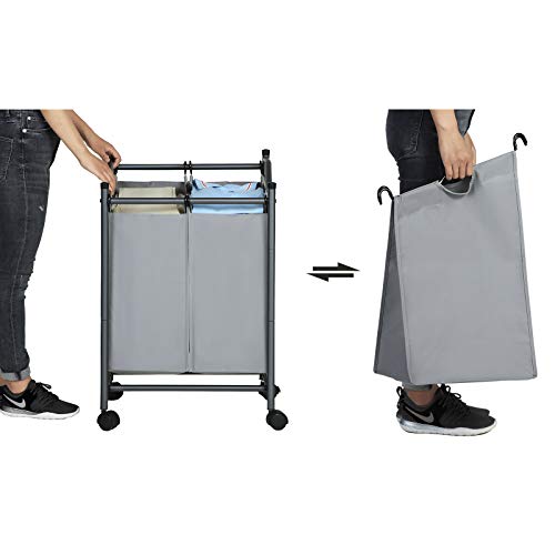 SONGMICS Sortownik prania z rolkami i 2 przegródkami, kosz na pranie, kosz na pranie, wózek na pranie ze zdejmowanymi kieszeniami, pojemność całkowita 90 l, szary, LSF002GS - obrazek 5